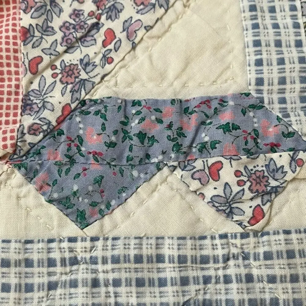 Antique Flour Sack Blue Red Patchwork Handmade Quilt 79